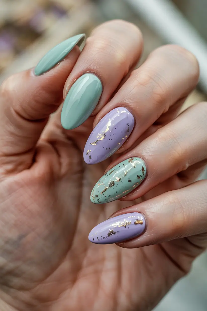 pastel spring gel nails art 2026 Sage and Lilac Pastel Almond with Gold Foil Texture