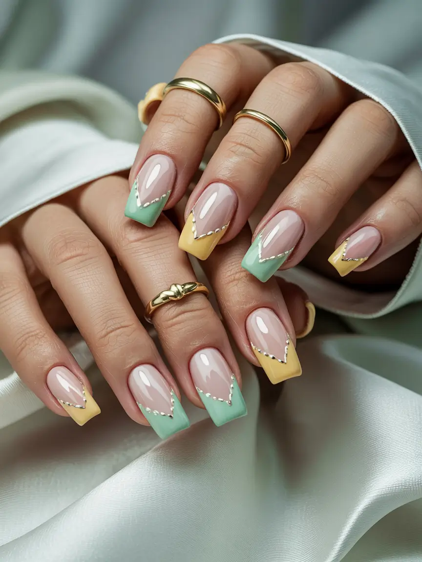 pastel spring gel nails art 2026 Soft Mint and Lemon Square French with Crystal Edges
