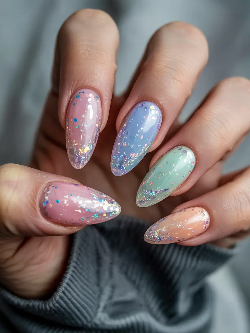 pastel spring gel nails art 2026 Pastel Glitter Jelly Almond Nails with Sparkle Overlay