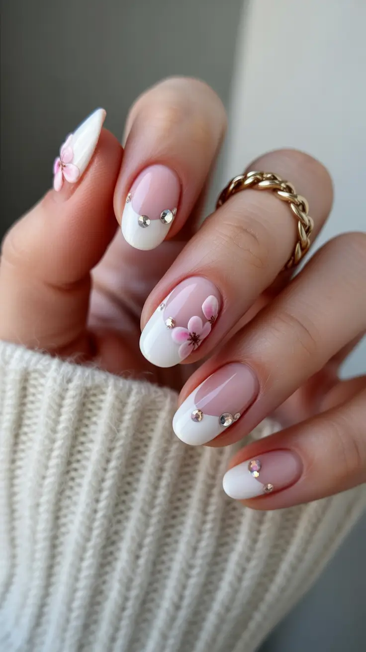 pastel spring gel nails art 2026 Soft Pink and White Floral Pastel with Crystal Details