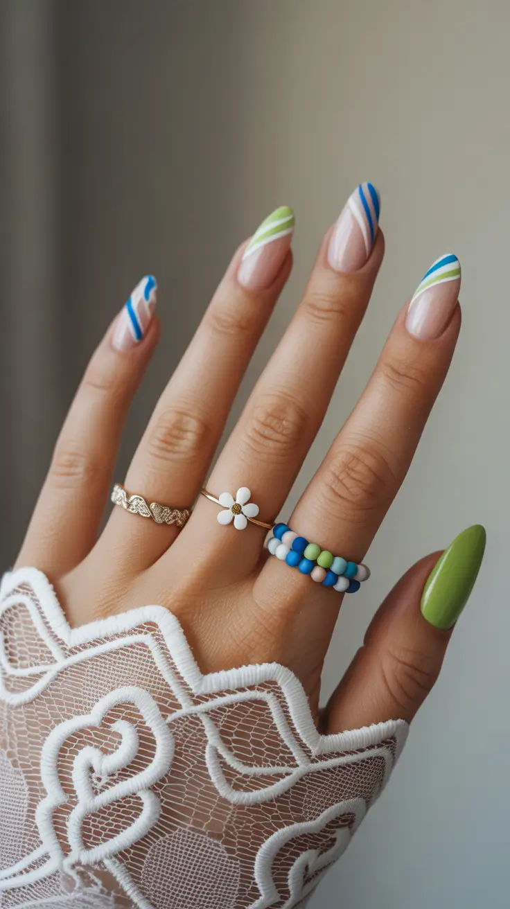 pastel spring gel nails art 2026 Fresh Spring French with Green Accent and Playful Pastel Lines