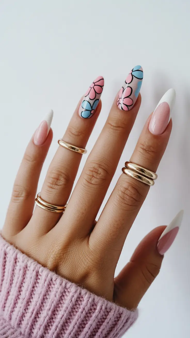 pastel spring gel nails art 2026 Soft Pink Almond with Pastel Floral Pop Art