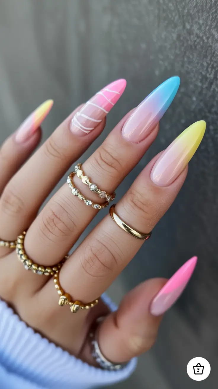 pastel spring gel nails art 2026 Rainbow Pastel Gradient Almond for Modern Spring Mood