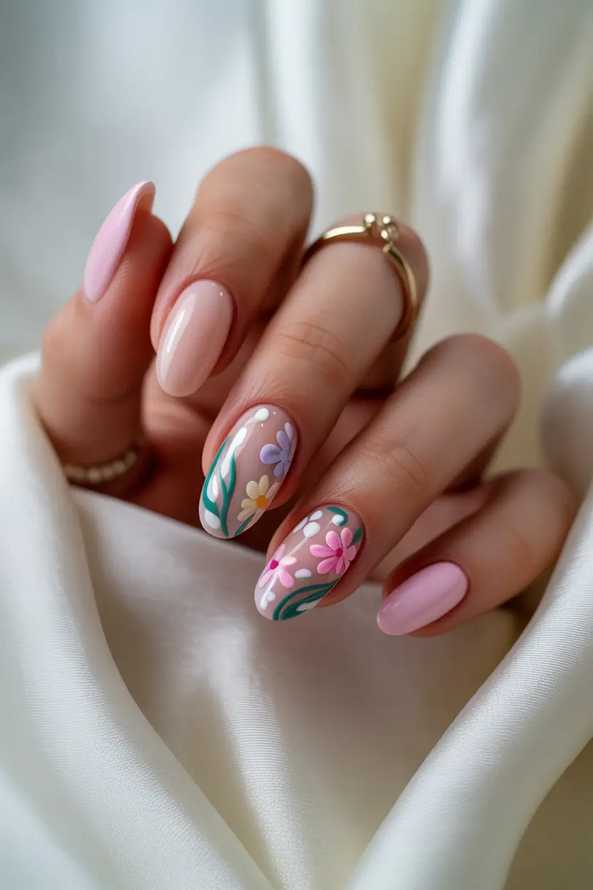 pastel spring gel nails art 2026 Minimal Pastel Pink with Delicate Spring Floral Details