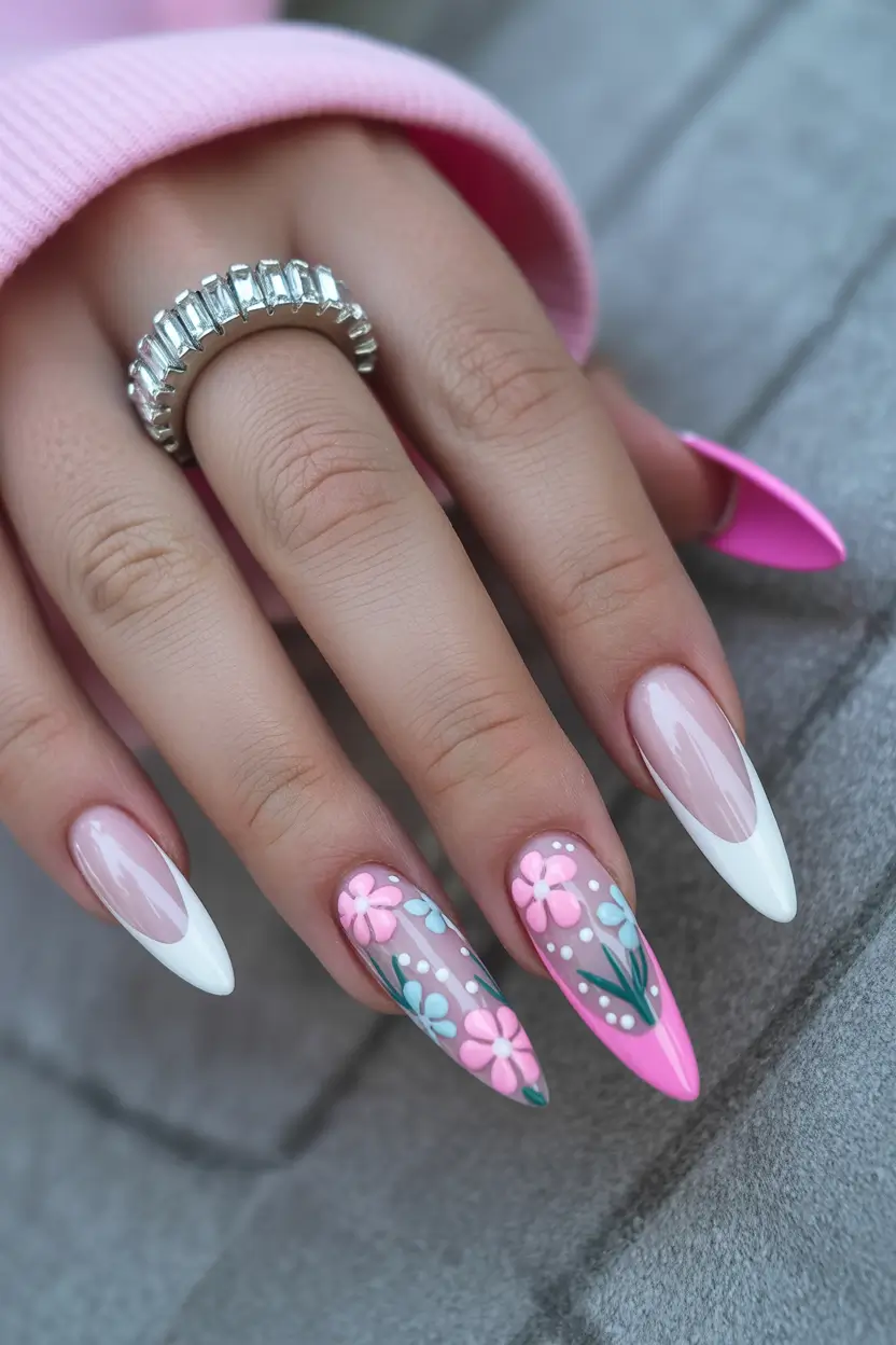 pastel spring gel nails art 2026 Soft White French with Pink Floral Garden Accents