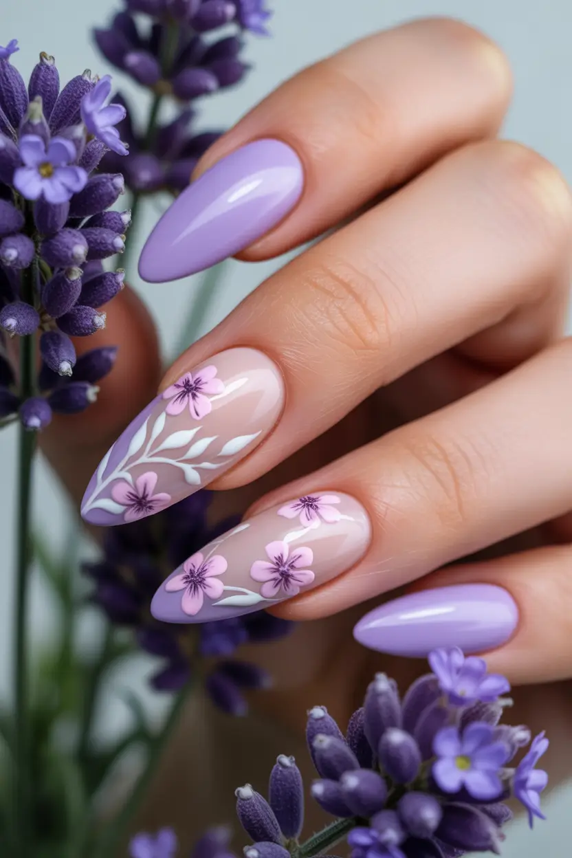 pastel spring gel nails art 2026 Lavender Pastel Almond with Delicate Botanical Art