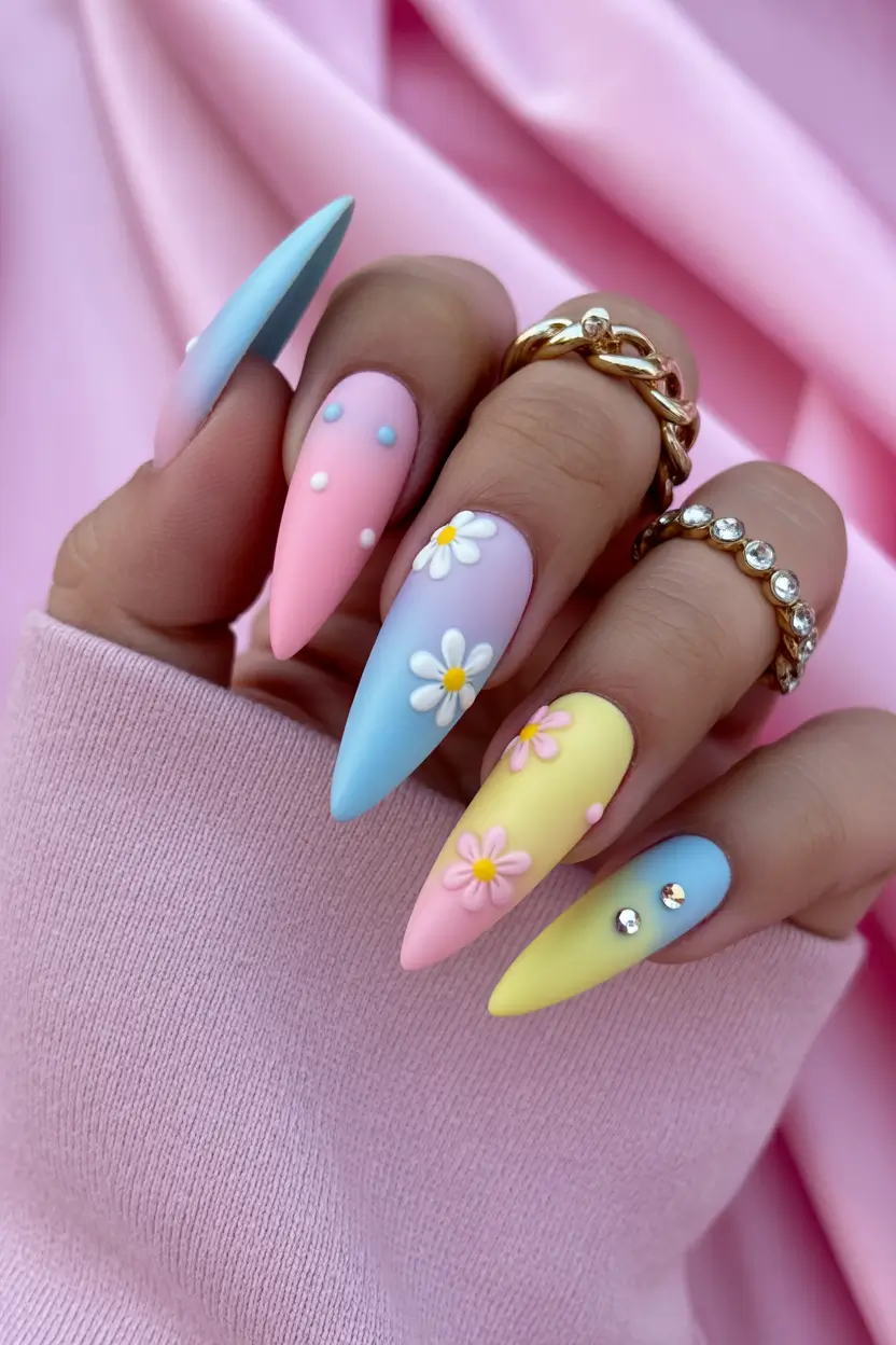 pastel spring gel nails art 2026 Pastel Rainbow Matte with Daisy and Crystal Accents
