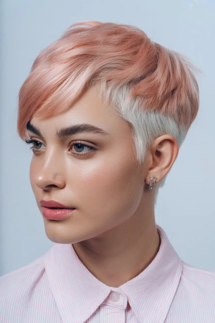 spring Hair Color Ideas to Look Younger Short Peach Pixie with Platinum Contrast