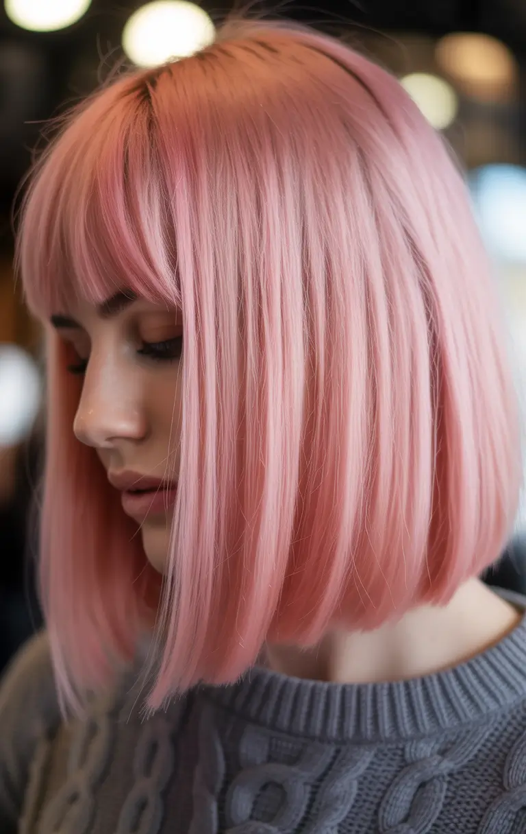 spring Hair Color Ideas to Look Younger Sleek Cotton Candy Pink Precision Bob