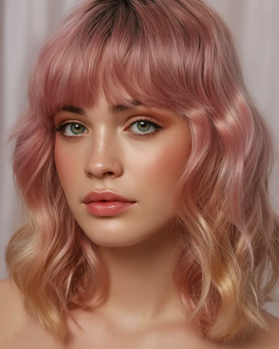 spring Hair Color Ideas to Look Younger Warm Peach Blush Waves with Soft Bangs