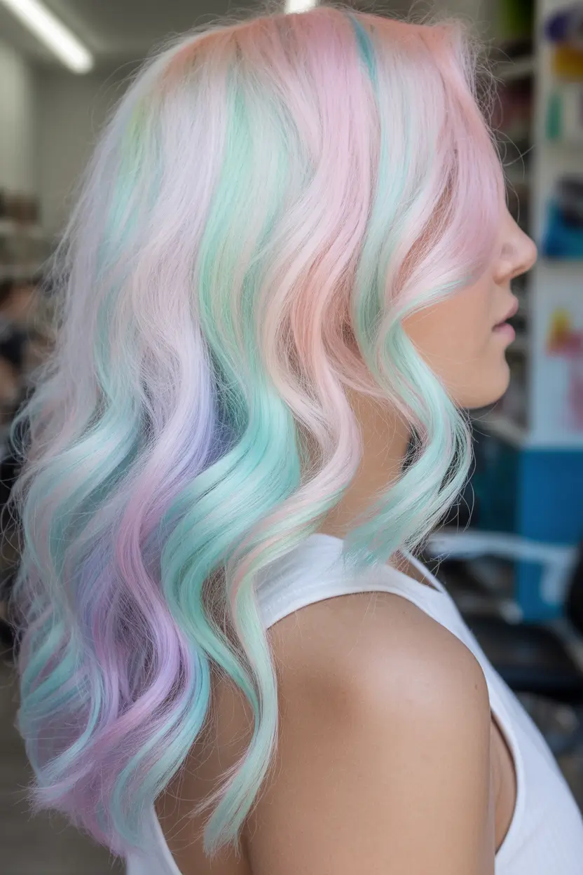 spring Hair Color Ideas to Look Younger Mint and Blush Pastel Waves with Dreamy Blend