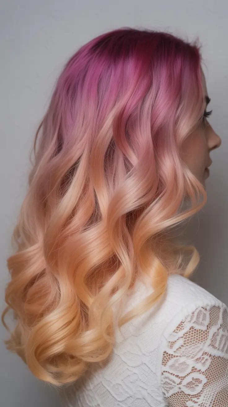 spring Hair Color Ideas to Look Younger Magenta to Peach Sunset Pastel Melt Waves