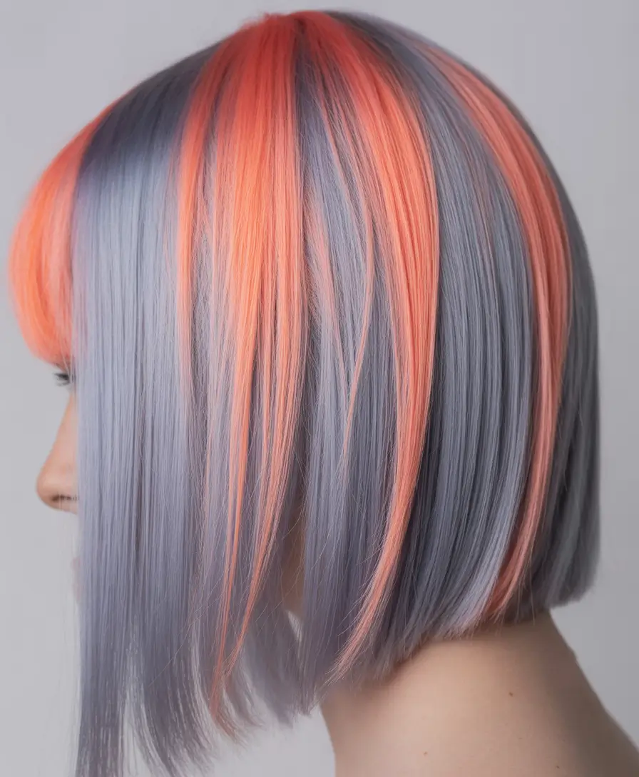 spring Hair Color Ideas to Look Younger Steel Lavender Bob with Coral Accent Highlights