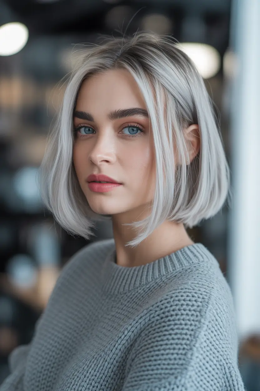 spring Hair Color Ideas to Look Younger Soft Platinum Bob with Clean Modern Finish