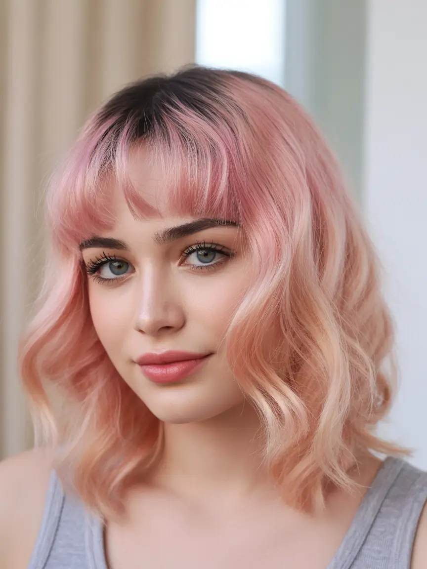 spring Hair Color Ideas to Look Younger Peach Pastel Lob with Soft Curtain Fringe