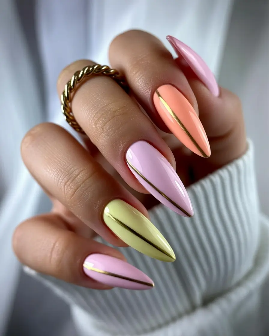 spring nails acrylic Long Pastel Elegance with Minimal Gold Accents