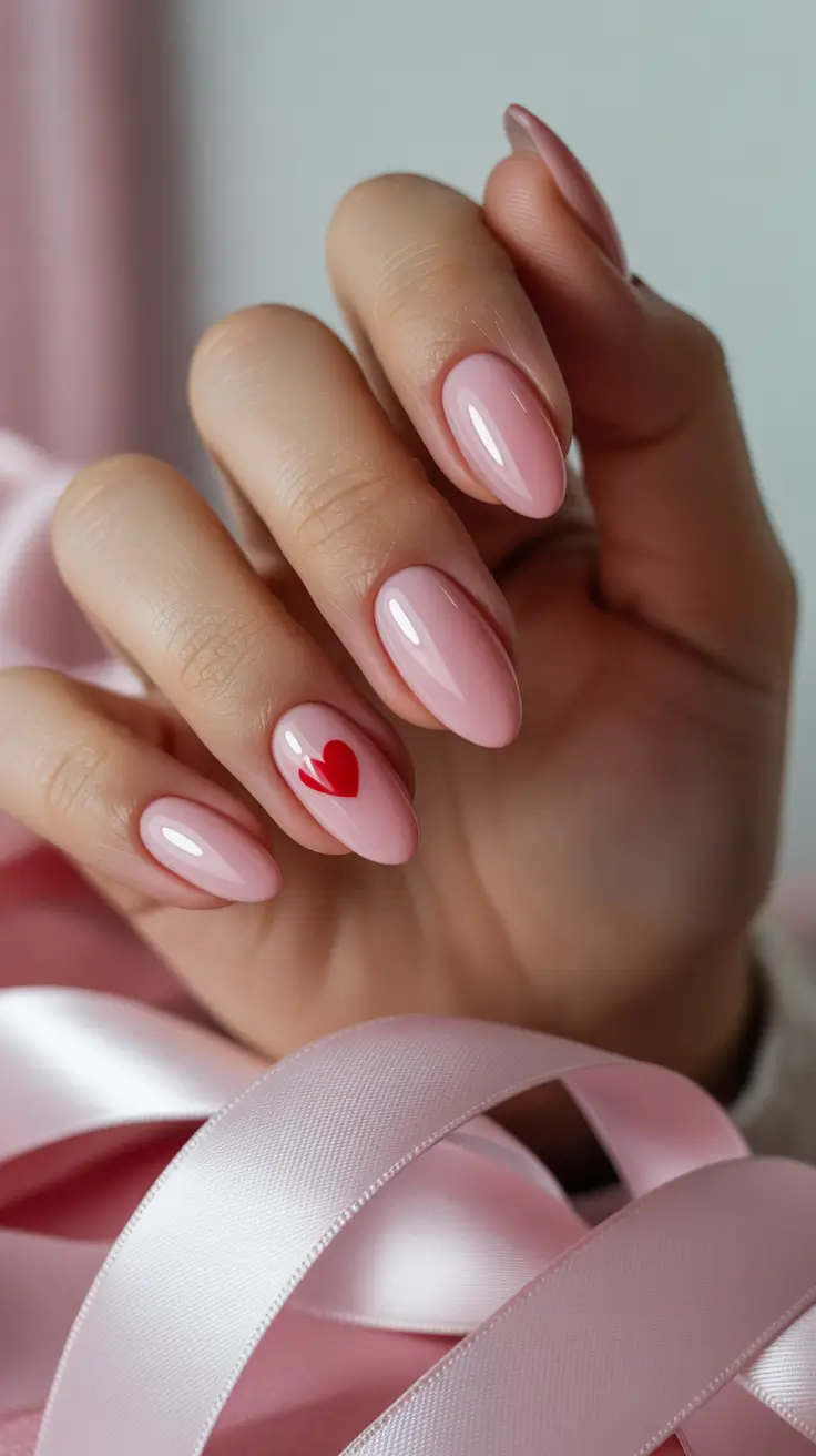 spring nails acrylic Glossy Pink Minimalism with a Tiny Red Heart Accent