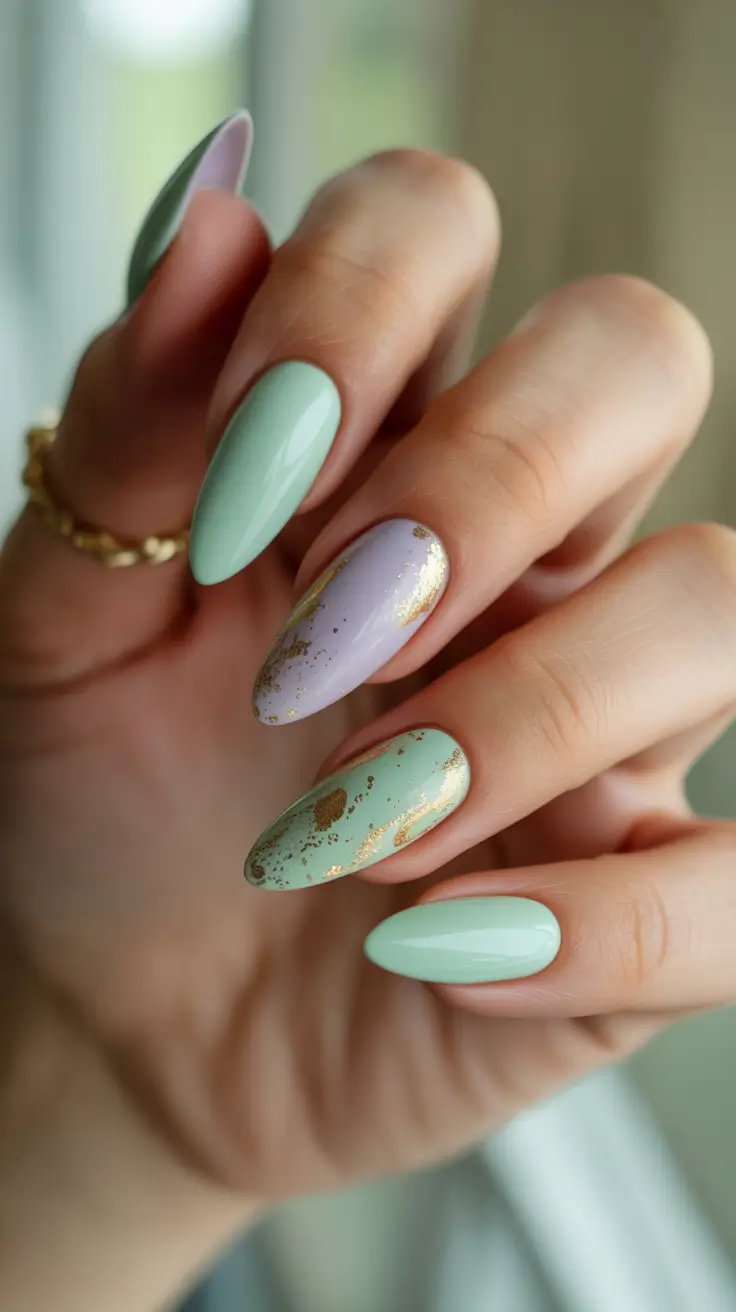 spring nails acrylic Sage Green and Gold Leaf Elegance for Modern Spring Luxury