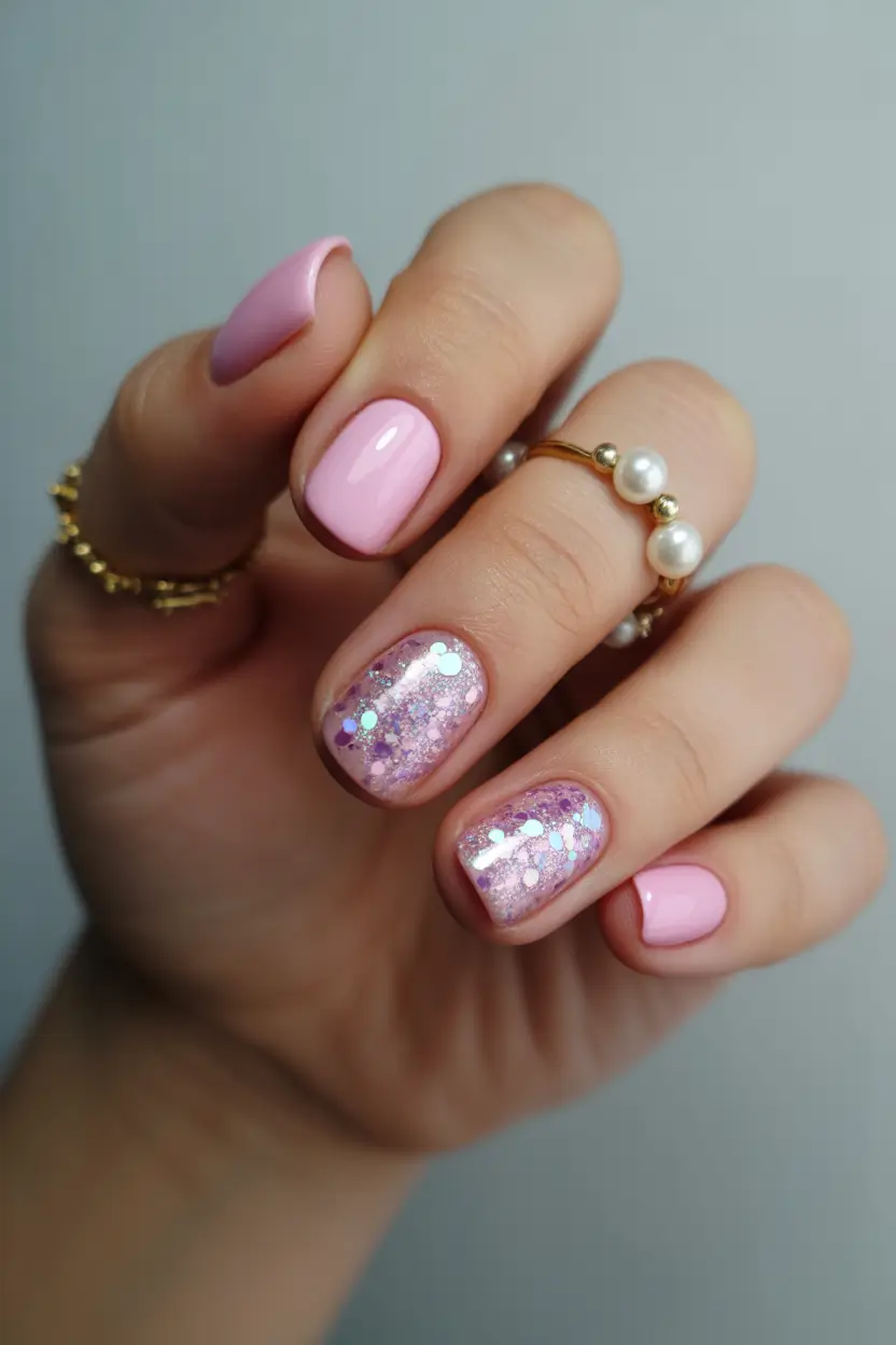 spring nails acrylic Soft Pink Glitter Accent Nails for a Pretty Everyday Glow