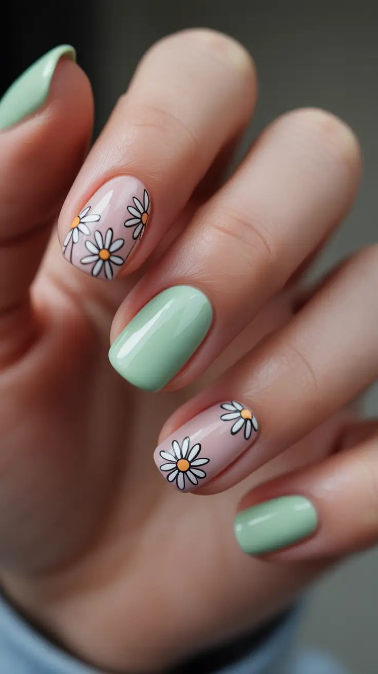spring nails acrylic Fresh Daisy Pastel Nails with Soft Green Spring Energy