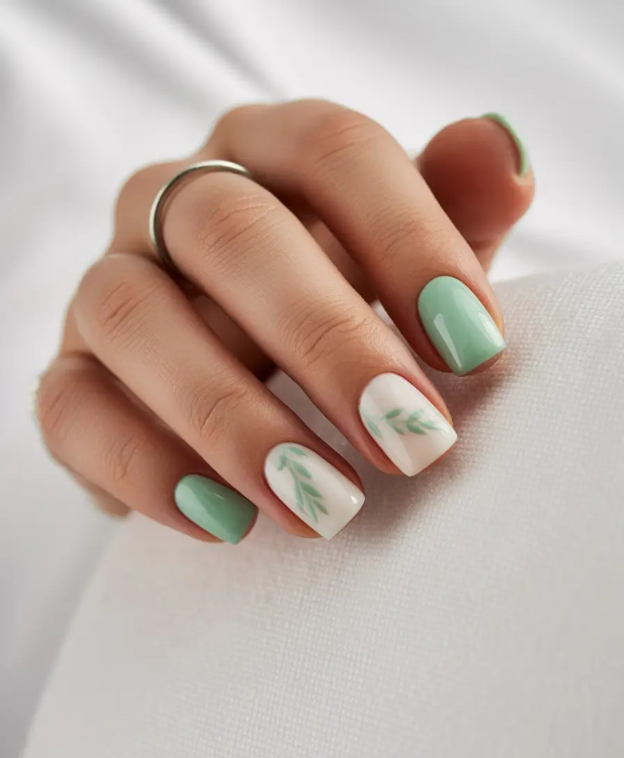 spring nails acrylic Minimal Botanical Leaf Designs for a Neutral Spring Refresh