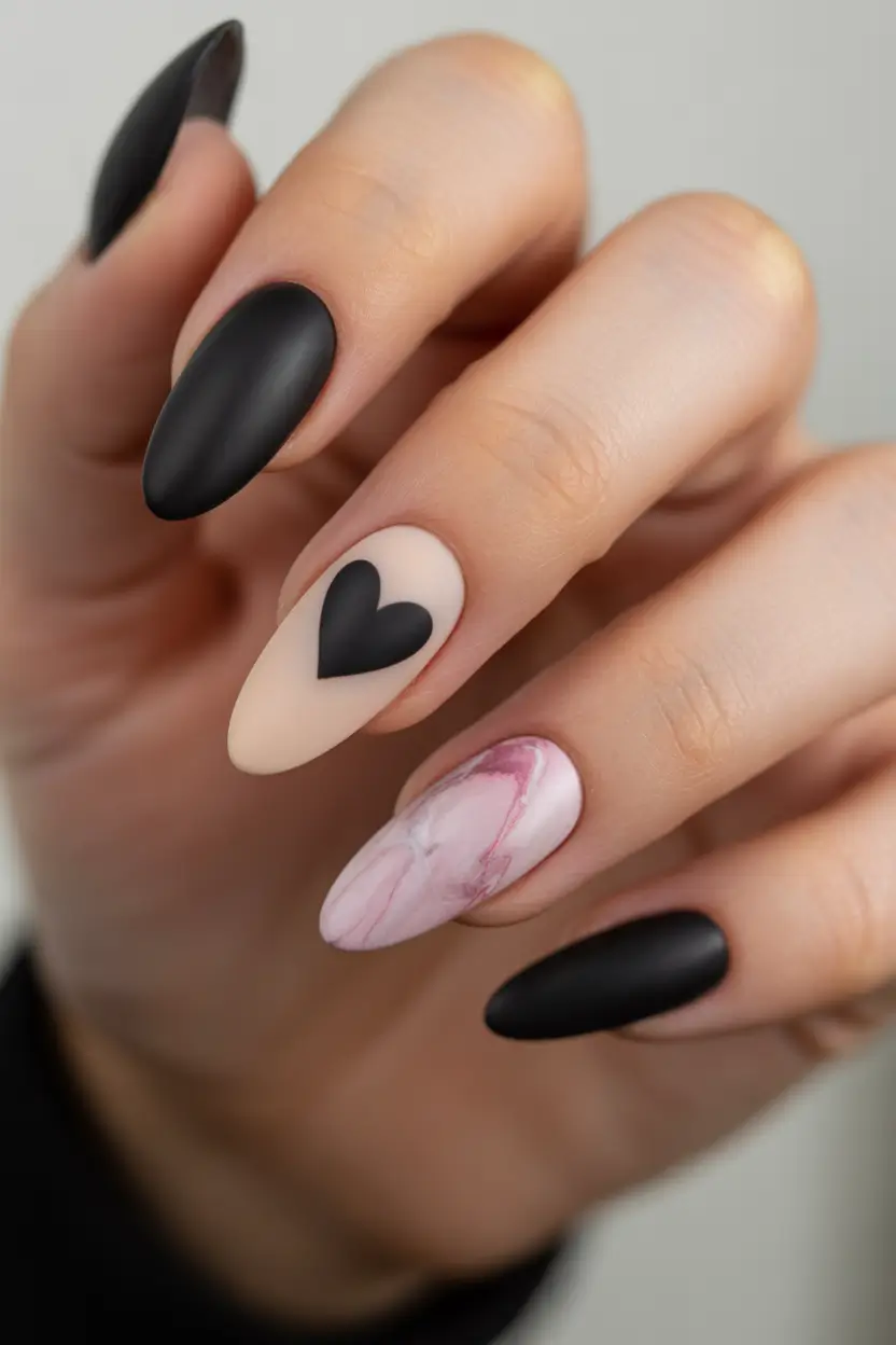 spring nails acrylic Matte Black and Pastel Heart Contrast for a Modern Baddie Look