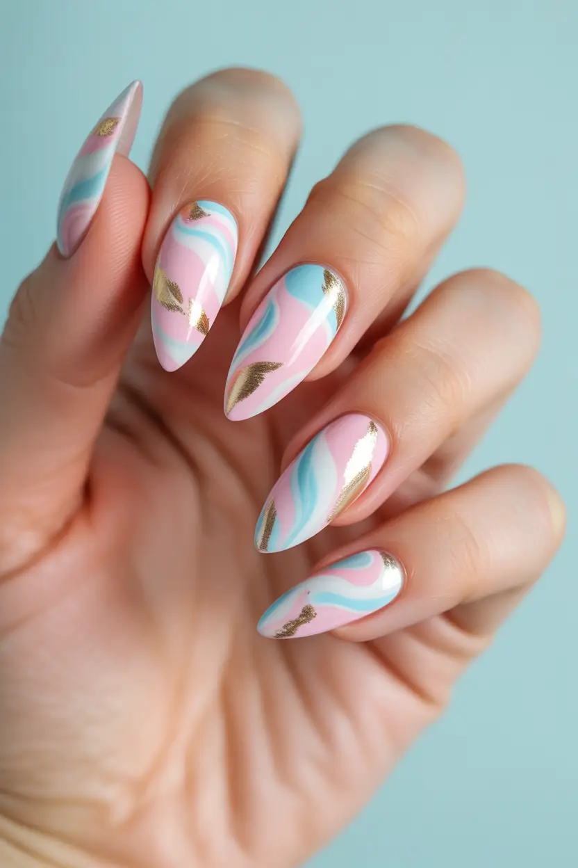 spring nails acrylic Marble Pastel Waves with Gold Accents for Artistic Spring Nails