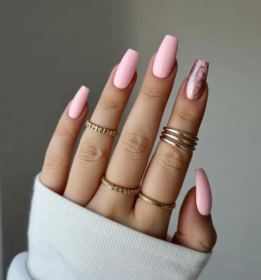 spring nails acrylic Coffin Long Pink Acrylic Nails with Modern Metallic Accent