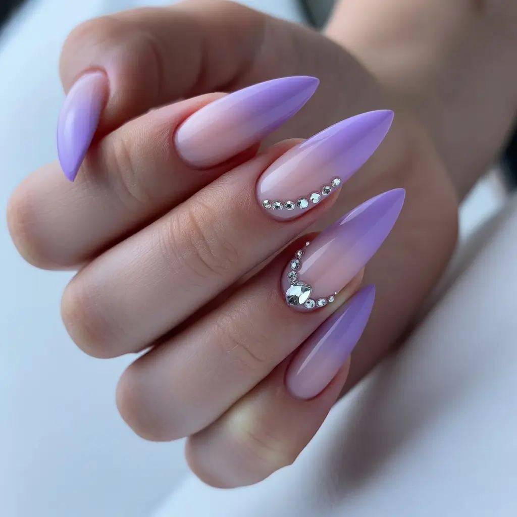 spring nails acrylic Lavender Ombre Almond Nails with Crystal Details for Spring Elegance