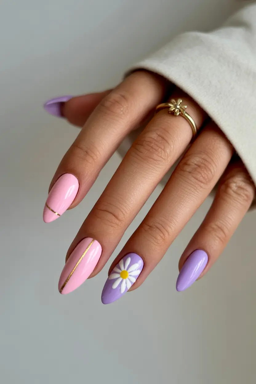 spring nails acrylic Pink and Lilac Florals with Delicate Gold Accents