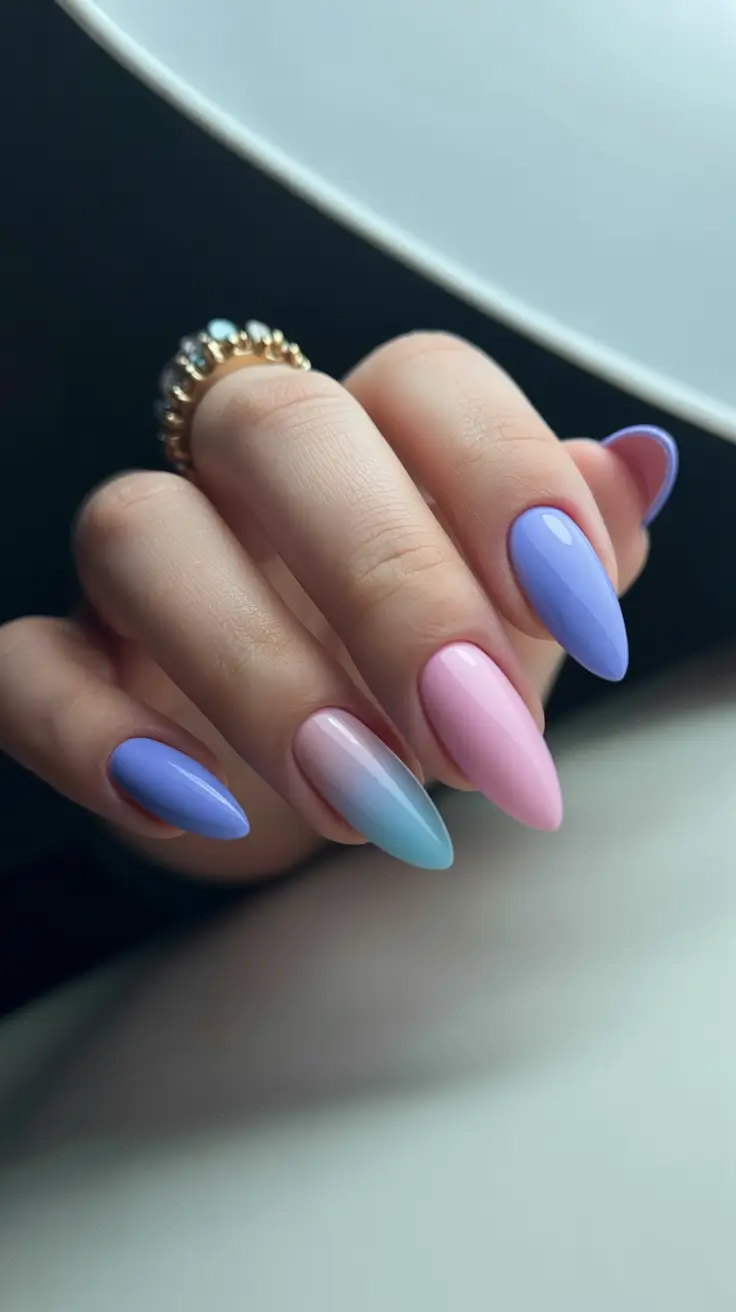 spring nails acrylic Lavender and Sky Gradient Almond Nails for a Modern Romantic Look