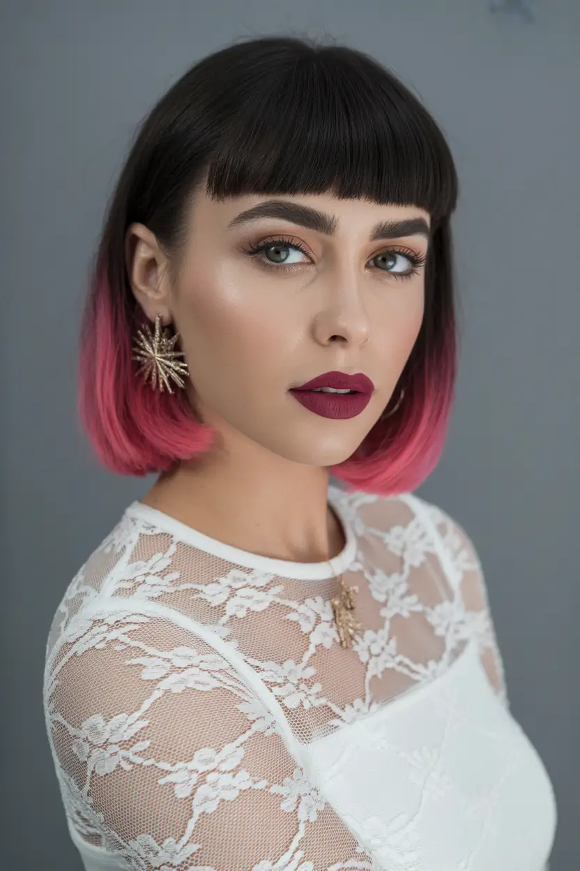 spring bob haircut The Gothic Pink Dip Bob With Micro Bangs