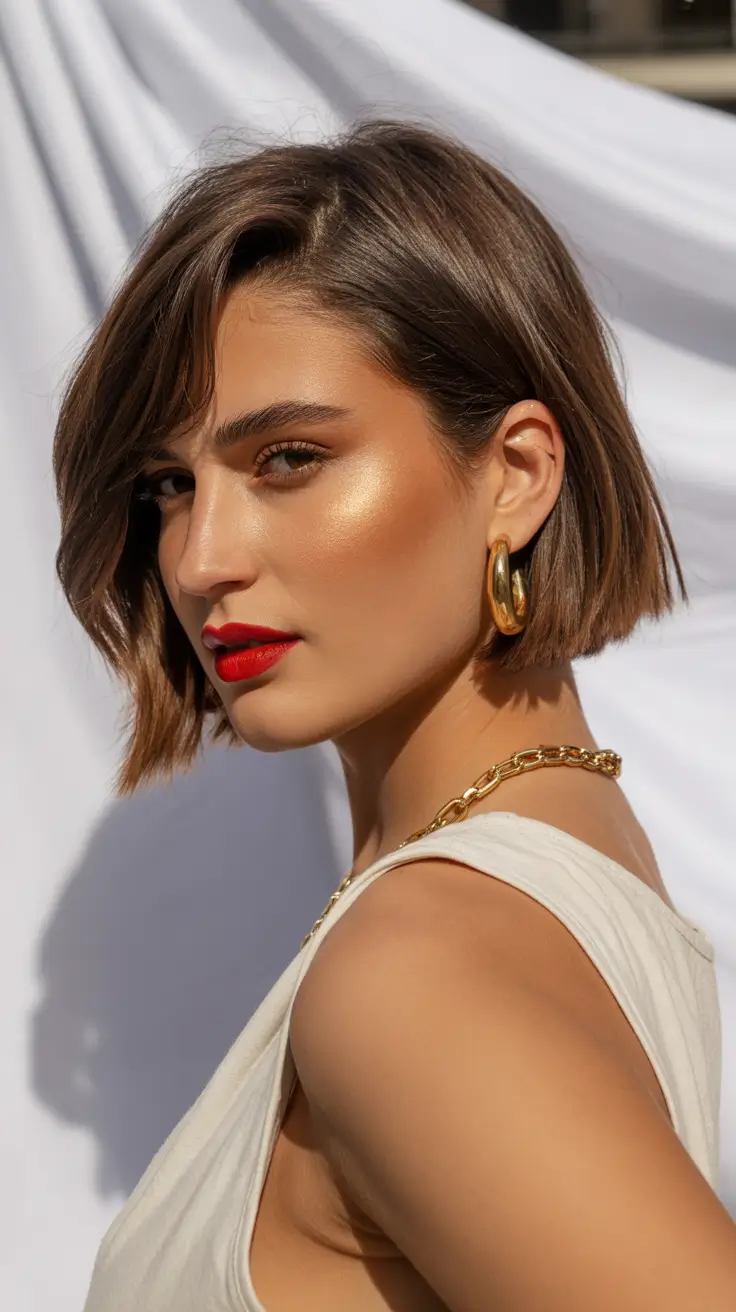 spring bob haircut The Angled Brunette Bob With Golden-Skin Glow