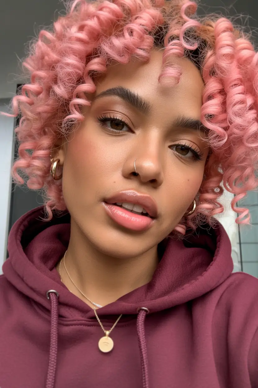 playful spring hair color for dark skin 2026 Pink Spiral Curls With a Soft Playful Tone