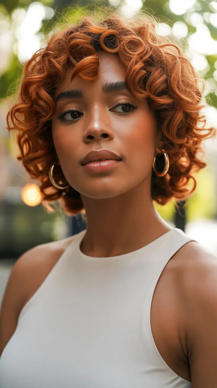 playful spring hair color for dark skin 2026 Short Hair Copper Curls With a Playful Spring Bounce