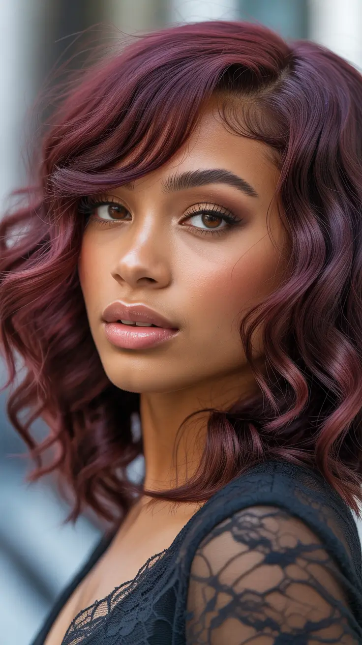 playful spring hair color for dark skin 2026 Plum Red Tone With Soft Romantic Waves