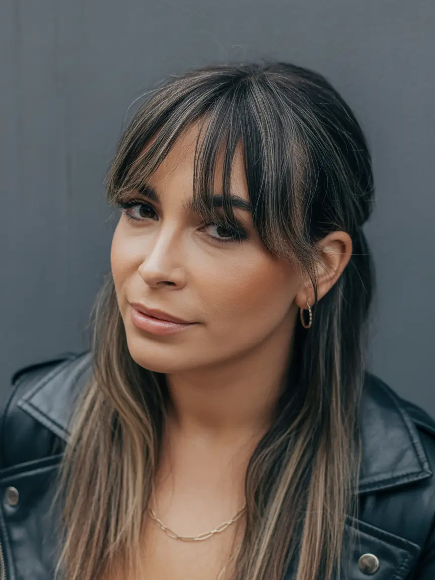 playful spring hair color for dark skin 2026 Soft Brunette Tone With Face-Framing Fringe