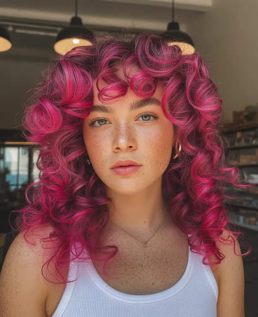 playful spring hair color for dark skin 2026 Magenta Tone Indian Curly Hair With Maximum Spring Drama