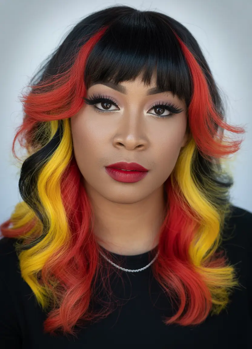 playful spring hair color for dark skin 2026 Red and Blonde Statement Streaks With Wig-Level Drama