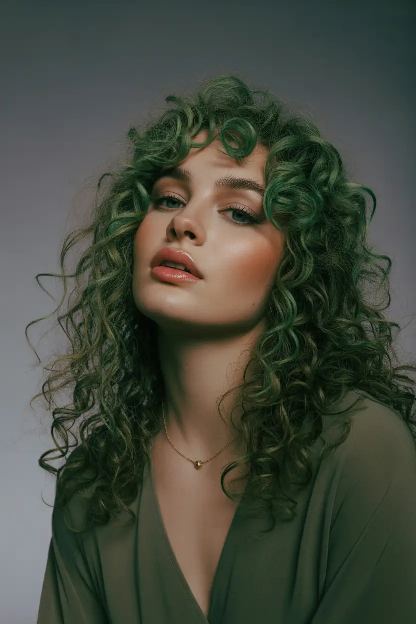 playful spring hair color for dark skin 2026 Deep Green Tone Curly Hair With a Romantic Edge