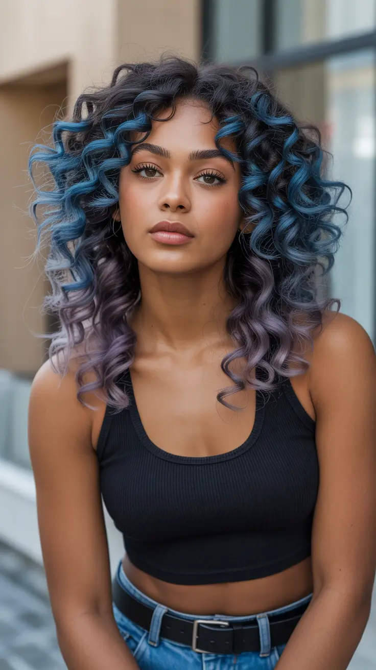 playful spring hair color for dark skin 2026 Ocean Blue and Ash Blonde Curly Dimension