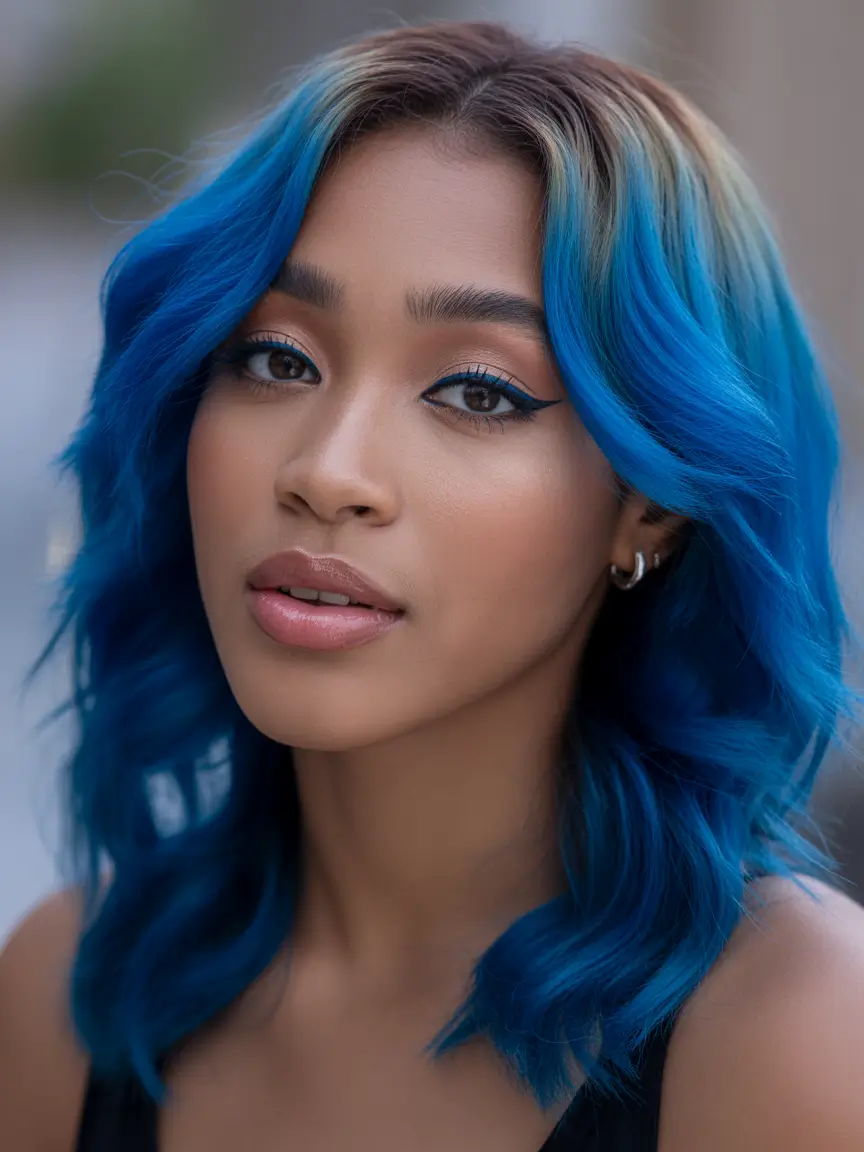 playful spring hair color for dark skin 2026 Vivid Blue Waves With a Clean Modern Light Finish