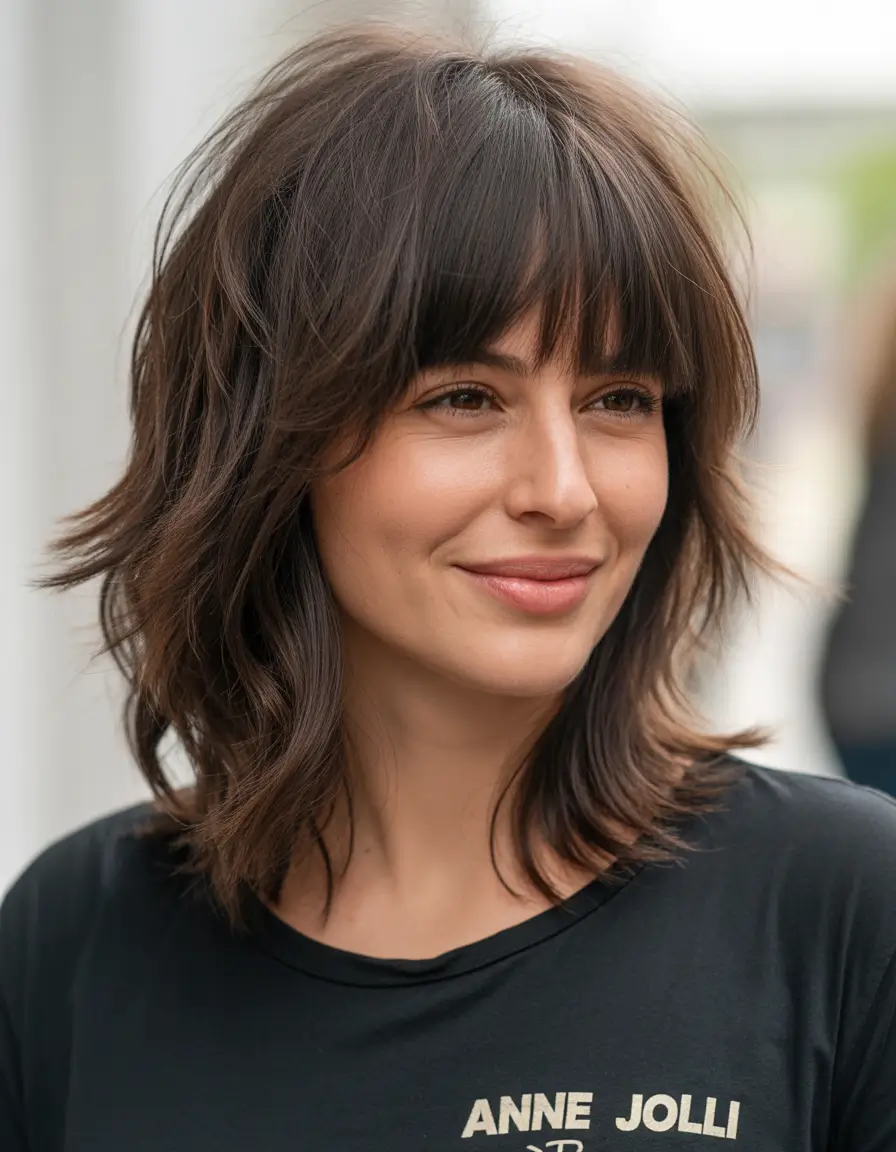 spring shag hairstyle Soft Brunette - Medium Over 50 Textured Shag