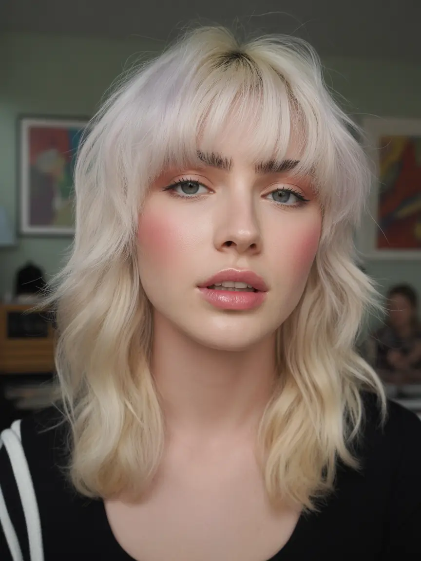 spring shag hairstyle Soft Platinum Dream - Medium Blonde Shag with Feathered Bangs