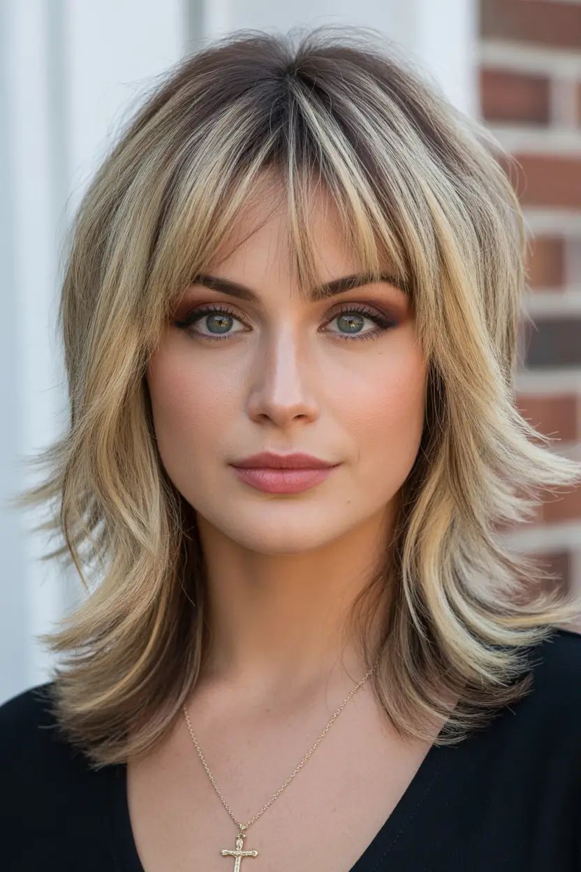 spring shag hairstyle Golden Hour Blonde - Medium Layered Shag with Soft Curtain Bangs