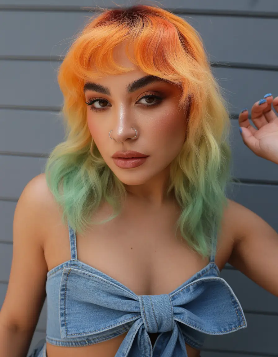 spring shag hairstyle Peachy Pop - Short Shag with Bold Color Melt