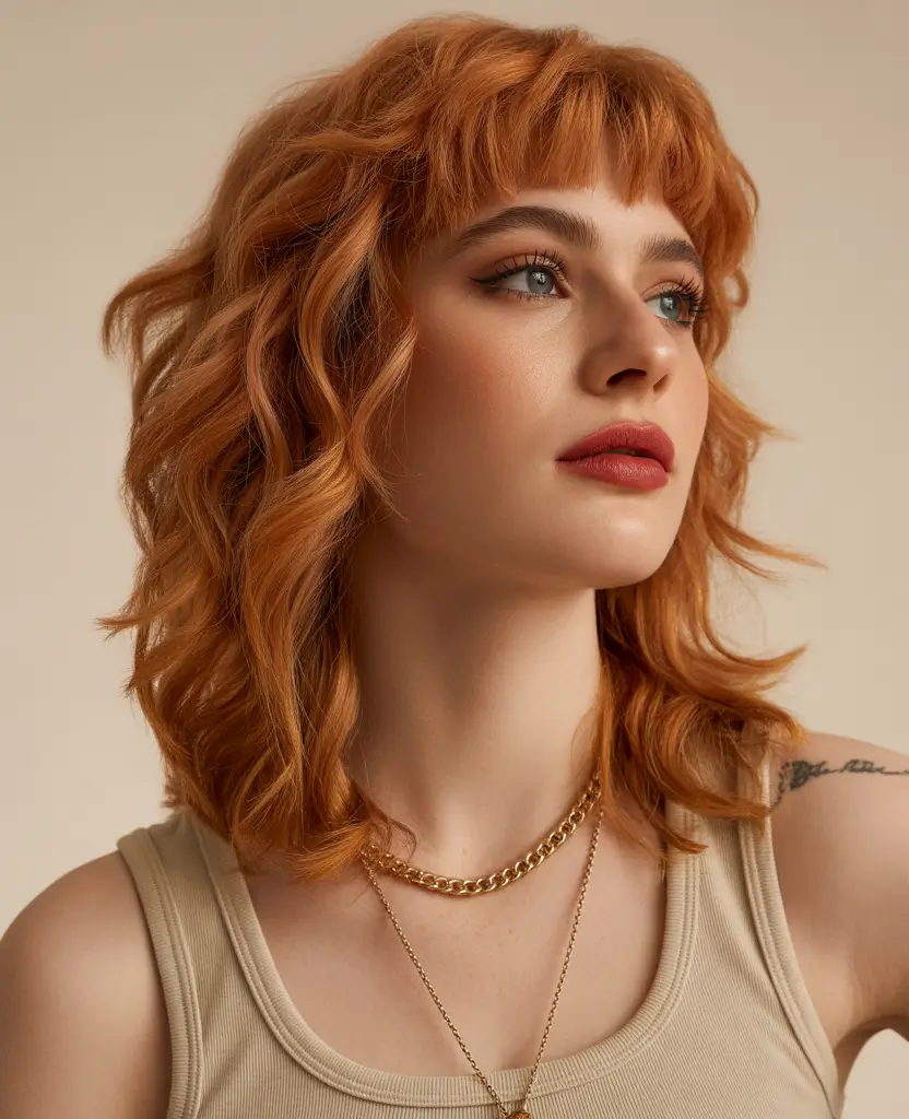 spring shag hairstyle Modern Copper Muse - Medium Curly Shag with Micro Bangs