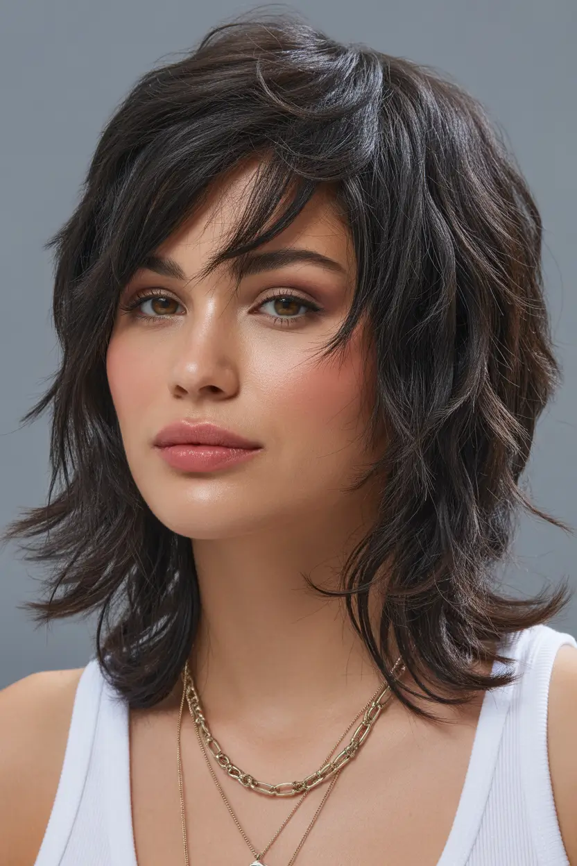 spring shag hairstyle Effortless Brunette - Medium Layered Shag with Soft Bangs