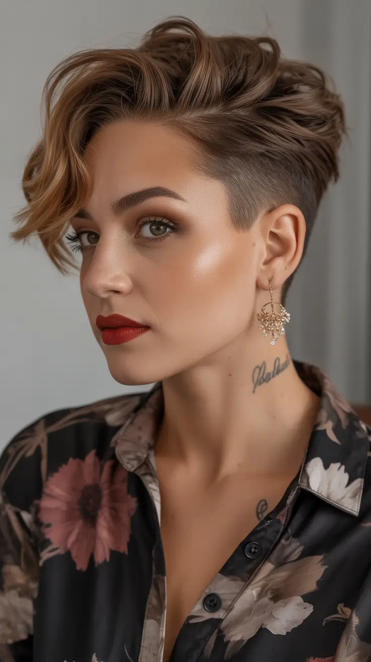 spring short haircut Brunette Undercut With Swept Volume And Soft Glam Finish