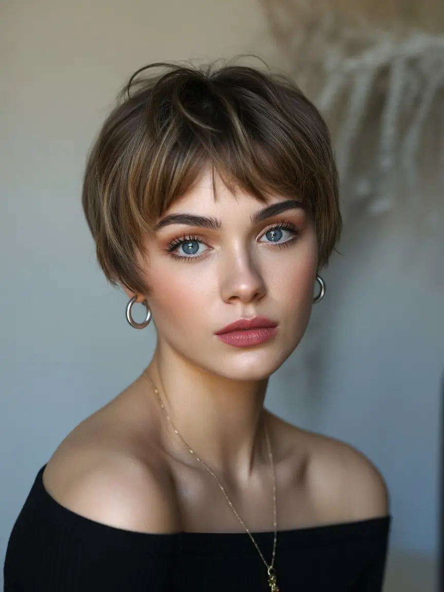spring short haircut Soft Brunette Pixie With Feathered Bangs And Parisian Ease